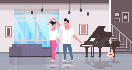 couple dancing man woman happy lovers home hall musical instruments piano guitar modern apartment interior male female cartoon characters full length flat horizontal
