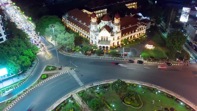 Semarang, Indonesia - January 14, 2019: Aerial hyperlapse of Lawang Sewu building at night in Semarang, Central Java, Indonesia. Shot in 4k resolution