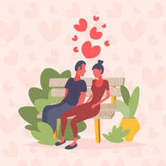 couple sitting wooden bench happy valentines day holiday celebrating concept man woman lovers discussing over heart shapes background flat