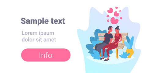 couple sitting wooden bench happy valentines day holiday celebrating concept man woman lovers discussing over heart shapes flat horizontal copy space