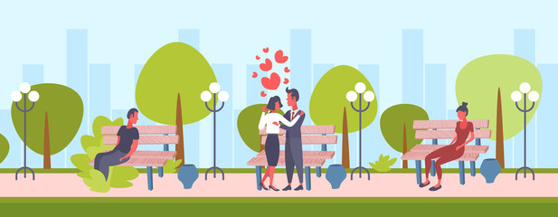 elegant couple dancing city urban park happy valentines day concept man woman lovers cityscape background male female cartoon characters full length flat horizontal