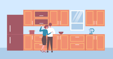 rear view couple cooking food embracing man woman lovers standing together modern kitchen interior male female cartoon characters horizontal flat
