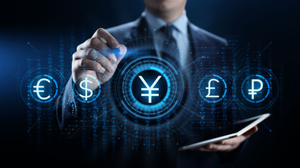 Yen currency sign icon on virtual screen. Forex trading business technology concept.