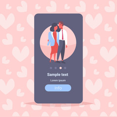 elegant couple in love happy valentines day concept man woman lovers embracing standing together male female cartoon characters full length heart shapes background