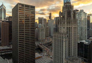 Chicago downtown buildings skyline evening sunset