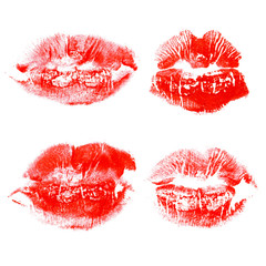 Set imprint kiss red lips isolated on white background