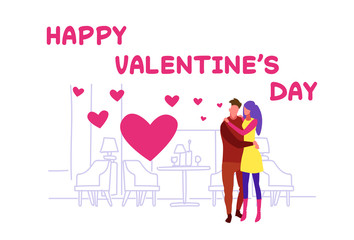 happy couple embracing happy valentines day concept man woman standing together over heart shapes modern cafe interior sketch doodle greeting card horizontal