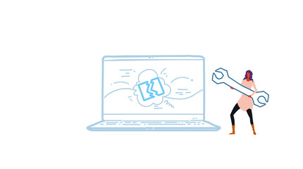 woman mechanic engineer holding wrench near laptop screen digital computer device support service concept sketch doodle horizontal vector illustration