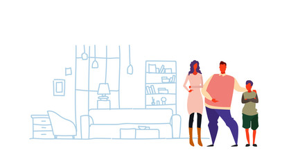 happy parents with son standing together young family in modern apartment living room interior father mother son carton characters full length sketch doodle horizontal