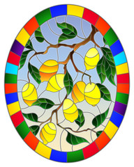 Illustration in stained glass style with lemon branches, leaves and fruits on sky background , oval image in bright frame