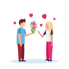 Man giving woman flowers bouquet happy valentines