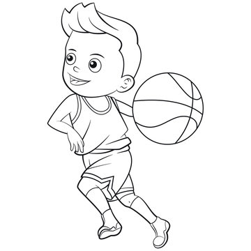 recommend clip art: Cartoon boy playing basketball in outline