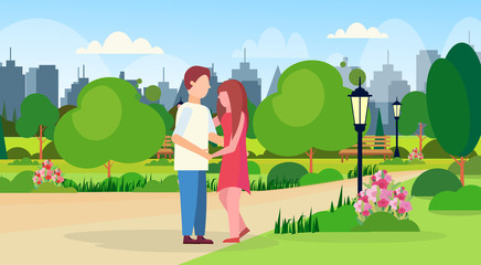 man woman embracing walking together city public park happy valentines day holiday concept couple in love relaxing outdoor cartoon characters full length horizontal flat