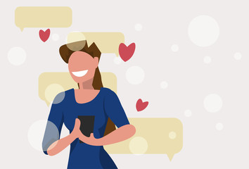 woman using cell phone chat bubble communication happy valentines day concept girl typing message mobile app speech conversation female character portrait isolated