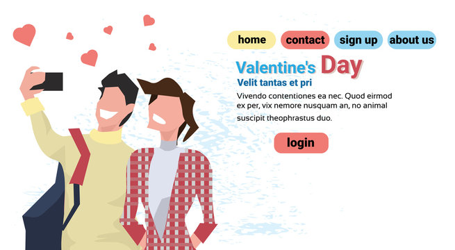 couple taking selfie photo happy valentines day holiday concept man woman using smartphone camera heart shapes male female characters portrait copy space horizontal