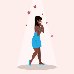 surprised african american woman holds cheeks by hand happy valentines day holiday celebration concept beautiful girl over red heart shapes flat full length