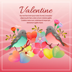 valentine card with love shape flower and couple bird