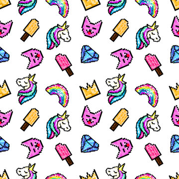 Cute seamless pattern with patch badges of crown, ice cream, unicorn, cat and diamond. Pixel art. Cartoon 80s-90s comic style