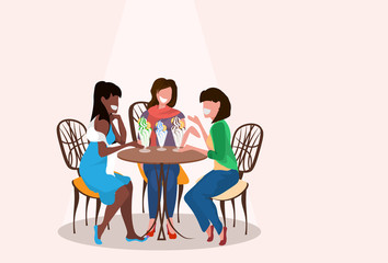 women friends sitting cafe eating ice cream female friendship communication concept mix race girls having friendly chat horizontal flat vector illustration
