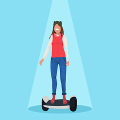 happy woman riding electric scooter girl standing on modern personal transport concept female cartoon character flat vector illustration