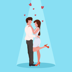 couple dancing together happy valentines day celebrating concept man woman having fun young lovers over heart shapes flat horizontal full length