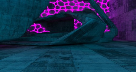 Obraz na płótnie Canvas Abstract Concrete Futuristic Sci-Fi interior With Pink And Blue Glowing Neon Tubes . 3D illustration and rendering.