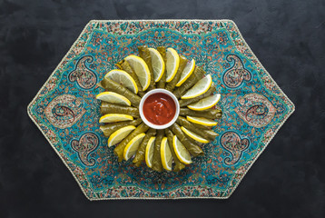 Arab Dolma of grape leaves. Ramadan dish.
