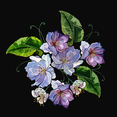 Beautiful violet flowers embroidery. Spring art. Template for clothes, textiles, t-shirt design