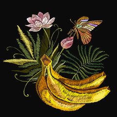 Embroidery banana, lotus flowers and butterfly. Tropical spring art. Fashion template for clothes, textiles and t-shirt design