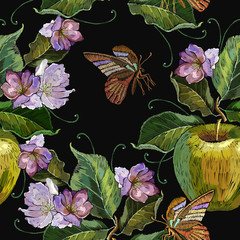 Embroidery apples and butterfly seamless pattern. Spring fashion template for clothes, textiles and t-shirt design. Tapestry art