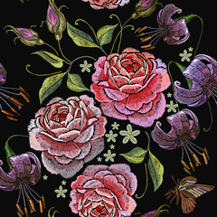 Spring bud roses and butterfly classical embroidery seamless pattern. Fashion flowers template for clothes, textiles, t-shirt design