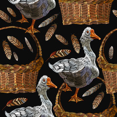 Embroidery geese,wicker baskets and feathers seamless pattern. Village art. Template for clothes, textiles and t-shirt design