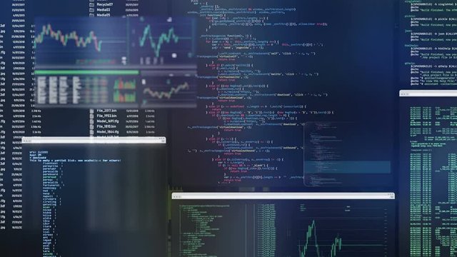 Futuristic control panel with ruung applications, moving code listings, commands, updating financial data tabs. Flowing windows with blinking commands and code woth neutral colors. Hacker console.