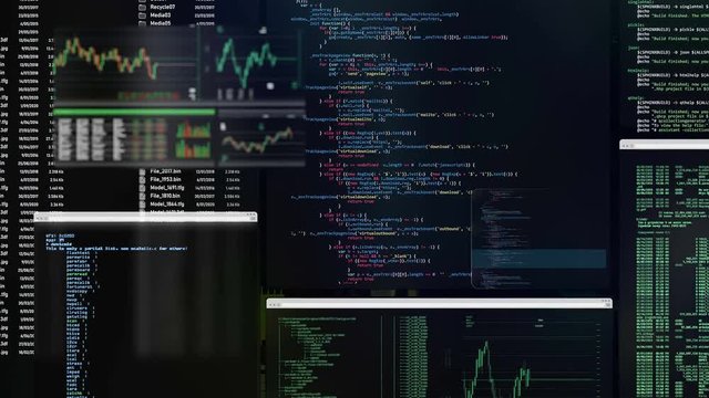 Futuristic control panel with ruung applications, moving code listings, commands, updating financial data tabs. Flowing windows with blinking commands and code woth neutral colors. Hacker console.