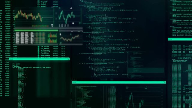 Green futuristic control panel with ruung applications, moving code listings, commands, updating financial data tabs. Flowing windows with blinking commands and code.