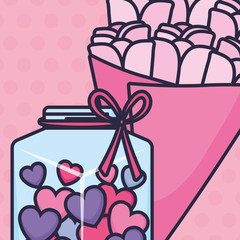 cute mason jar with love hearts and flowers bouquet