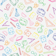 Hand drawn pattern back to school and education with color thin line icons school supplies on white background.
