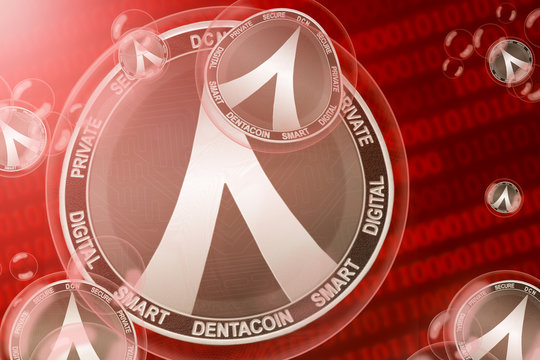 Dentacoin crash; Dentacoin (DCN) coins in a bubbles on the binary code background. Close-up. 