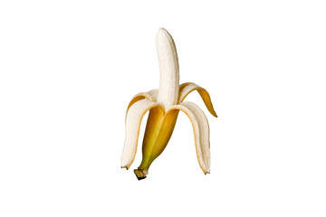 Half peeled banana, open banana, isolated on white background