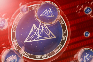 Mithril crash; Mithril (MITH) coins in a bubbles on the binary code background. Close-up.