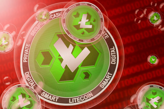 Litecoin Cash carsh; Litecoin Cash (LCC) coins in a bubbles on the binary code background. Close-up.
