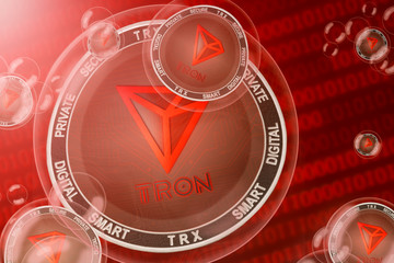 Tron crash; tron (TRX) coins in a bubbles on the binary code background. Close-up.