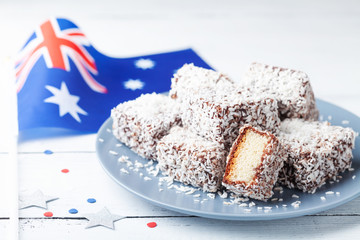 Traditional Lamington cakes or dessert for Australia Day party.