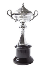 Fototapeta na wymiar Silver trophy isolated on white background. Winning awards.