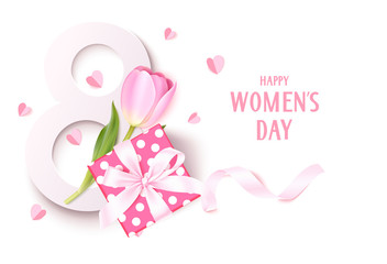 Happy Women's Day design template. 8 march background with pink tulip gift box and decorative paper hearts isolated on white. Vector illustration
