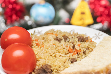 pilaf with tomatoes and bread