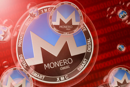 Monero Classic crash; Monero Classic (XMC) coins in a bubbles on the binary code background. Close-up.