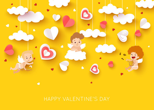 Valentine day greeting card with cut paper cupid angel. Vector illustration