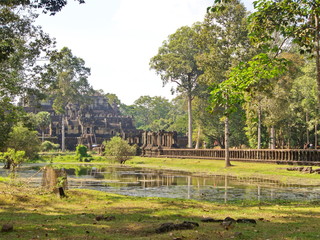 Ta Prohm the temple ruins overgrown with trees at Angkor Wat in Seam Reap City, Cambodia in 2012 ,...
