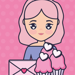 cute and little girl with cupcakes and envelope
